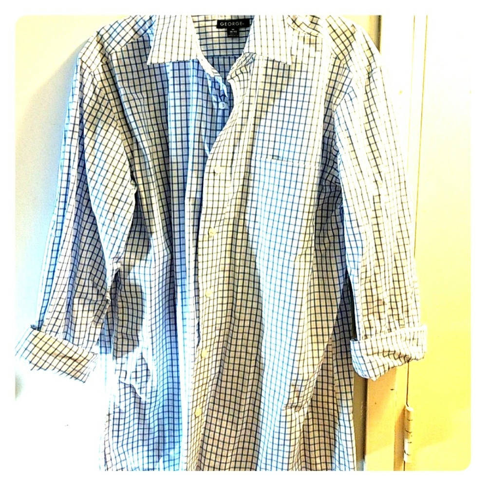 blue and white plaid button-down shirt